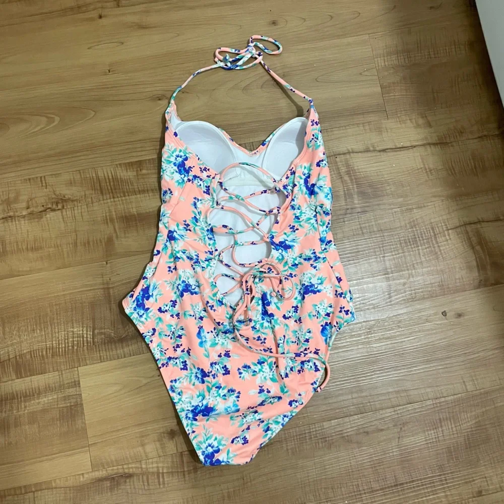 LA Hearts Corset One Piece Floral Swimsuit with adjustable Lace Up back Halter - Picture 3 of 5